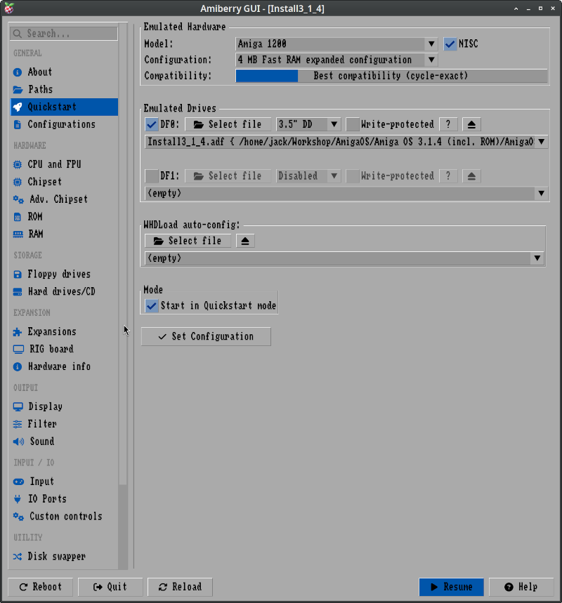 Screenshot showing "Quickstart" tab in Amiberry GUI with Floppy drive img