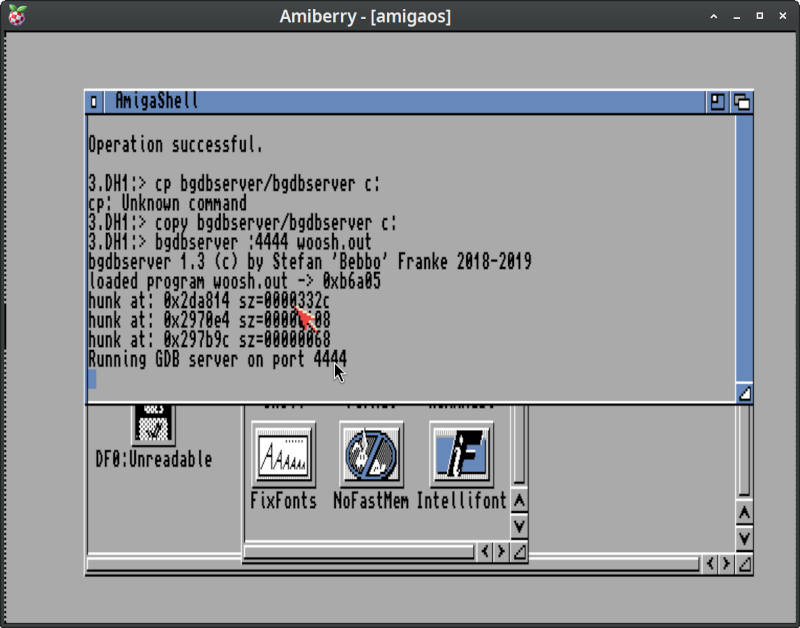 AmigaOS bgdbserver installation and invocation (console screenshot) img