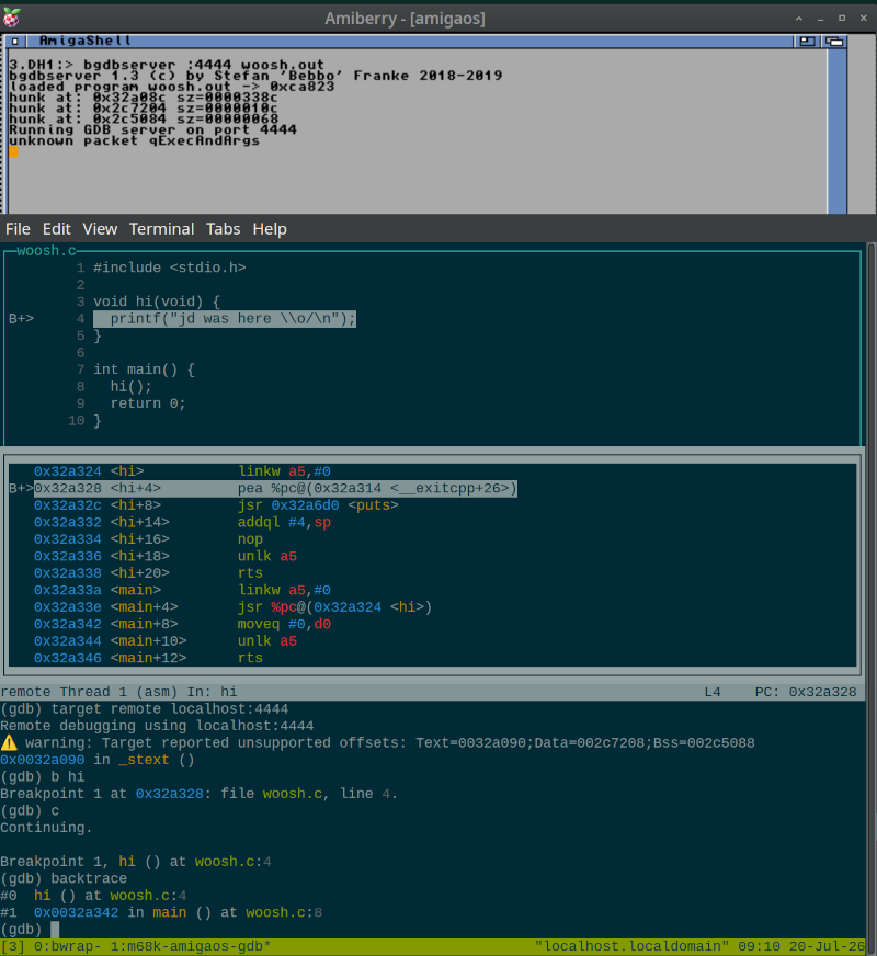 AmigaOS/Linux remote GDB session (consoles screenshot) img